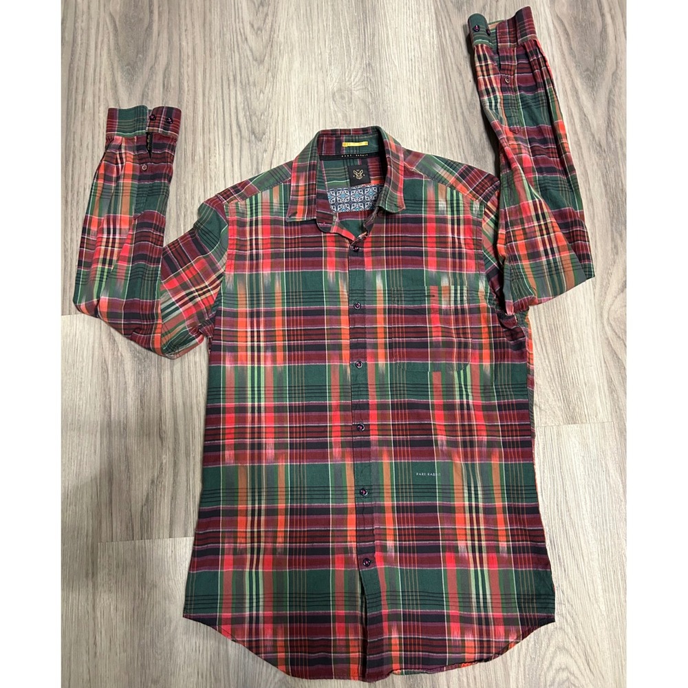 Rare Rabbit Jesper Mens Small Orange Green Ikat Plaid Cotton Button Down Shirt‎